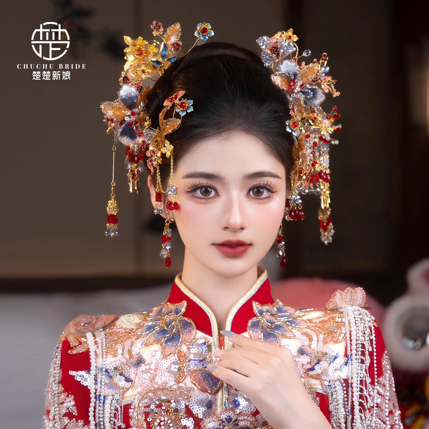 新娘结婚头饰古典中式金色发簪精致流苏减龄秀禾晨袍龙凤褂发饰品