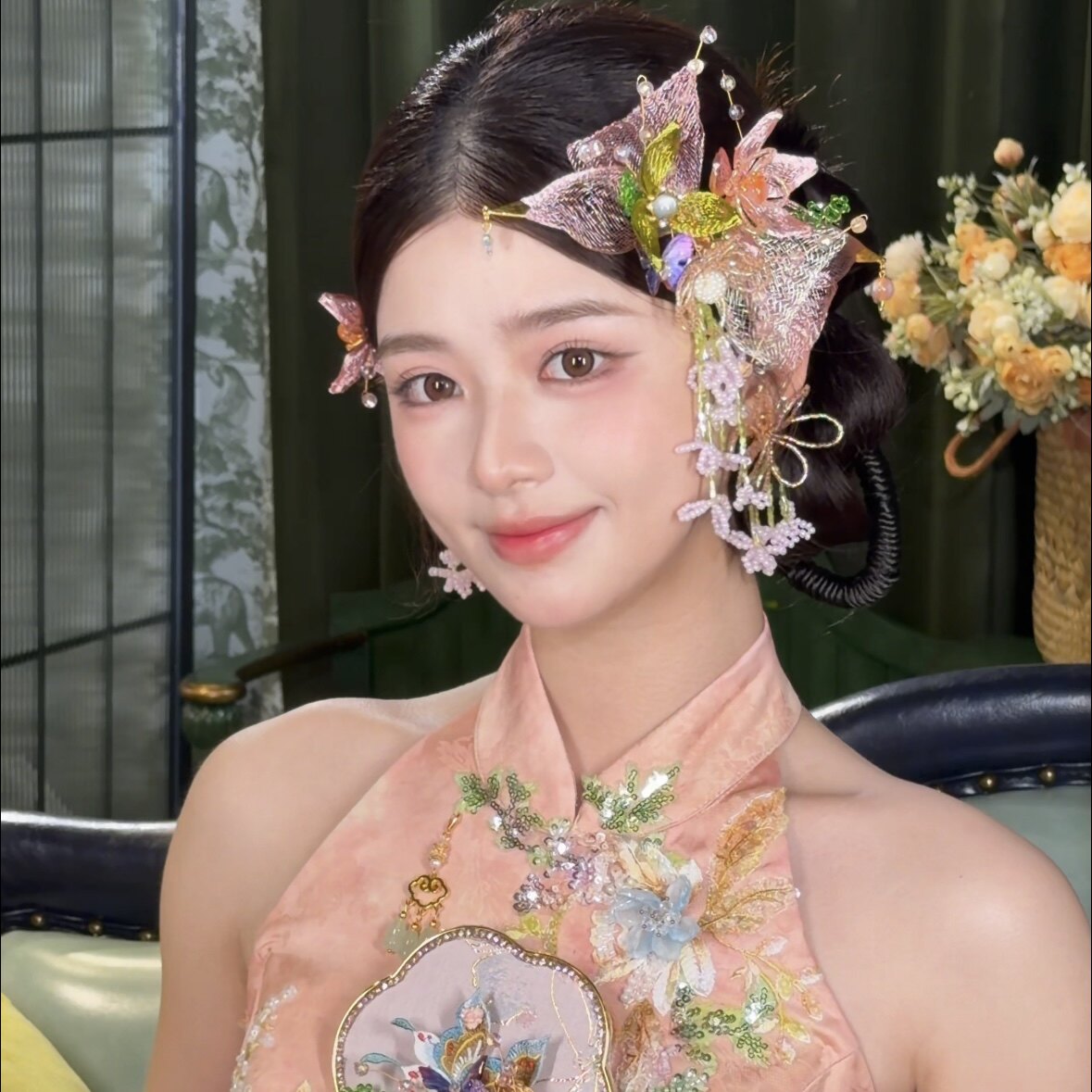 新中式古风紫色蝴蝶结新娘发饰