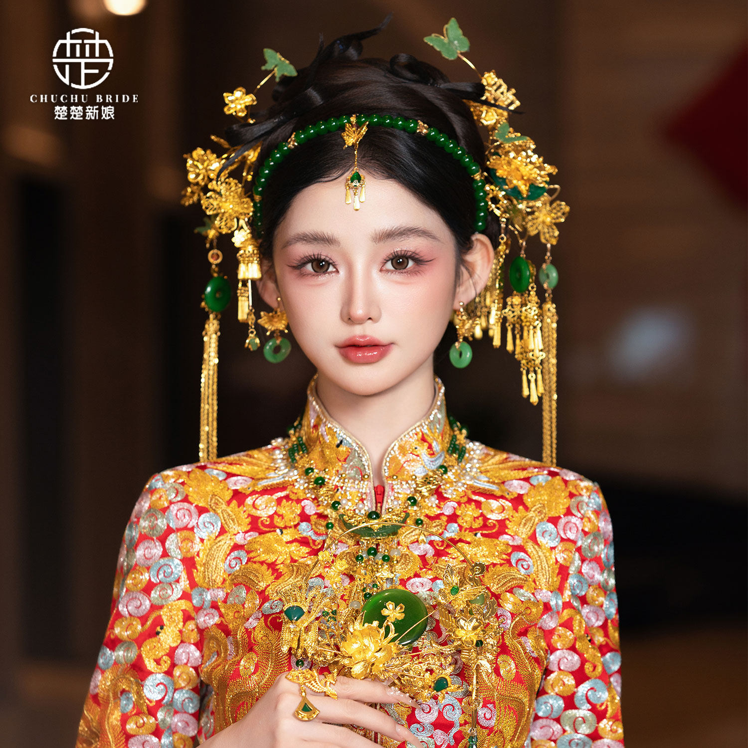 2026新款金绿色龙凤褂配饰精致凤簪发箍汉服秀禾服多件套结婚头饰