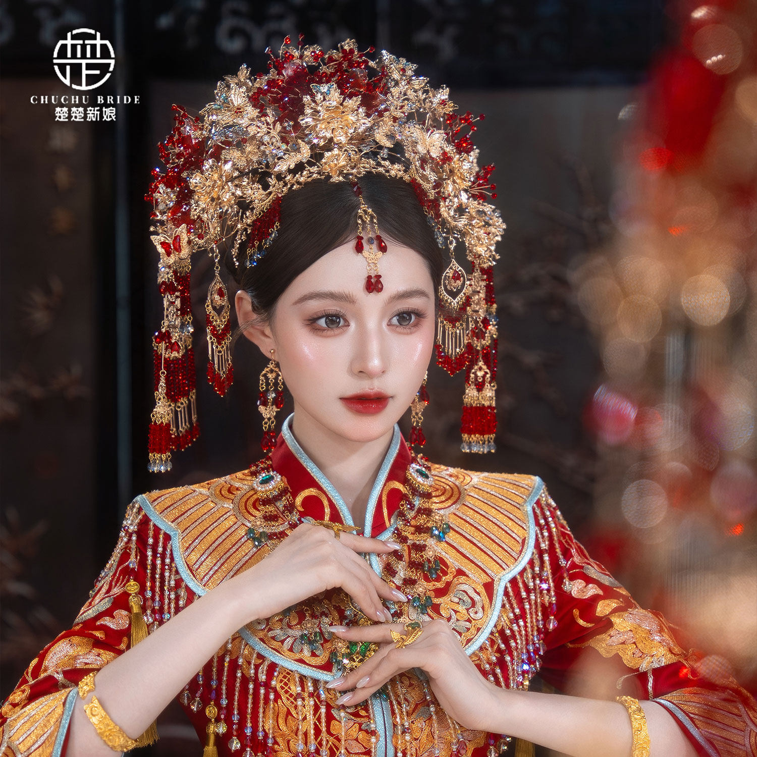 新中式婚礼凤冠头饰新娘发饰红金色流苏半冠秀禾服龙凤褂汉服头饰