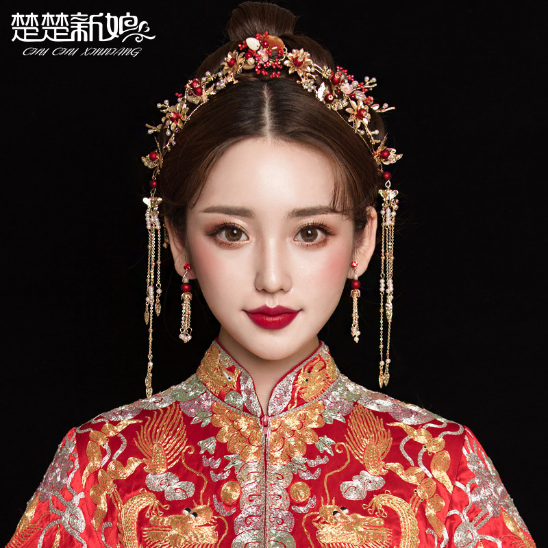 楚楚新娘秀禾头饰2021新款中式秀禾服新娘圆脸古装婚礼造型发饰品