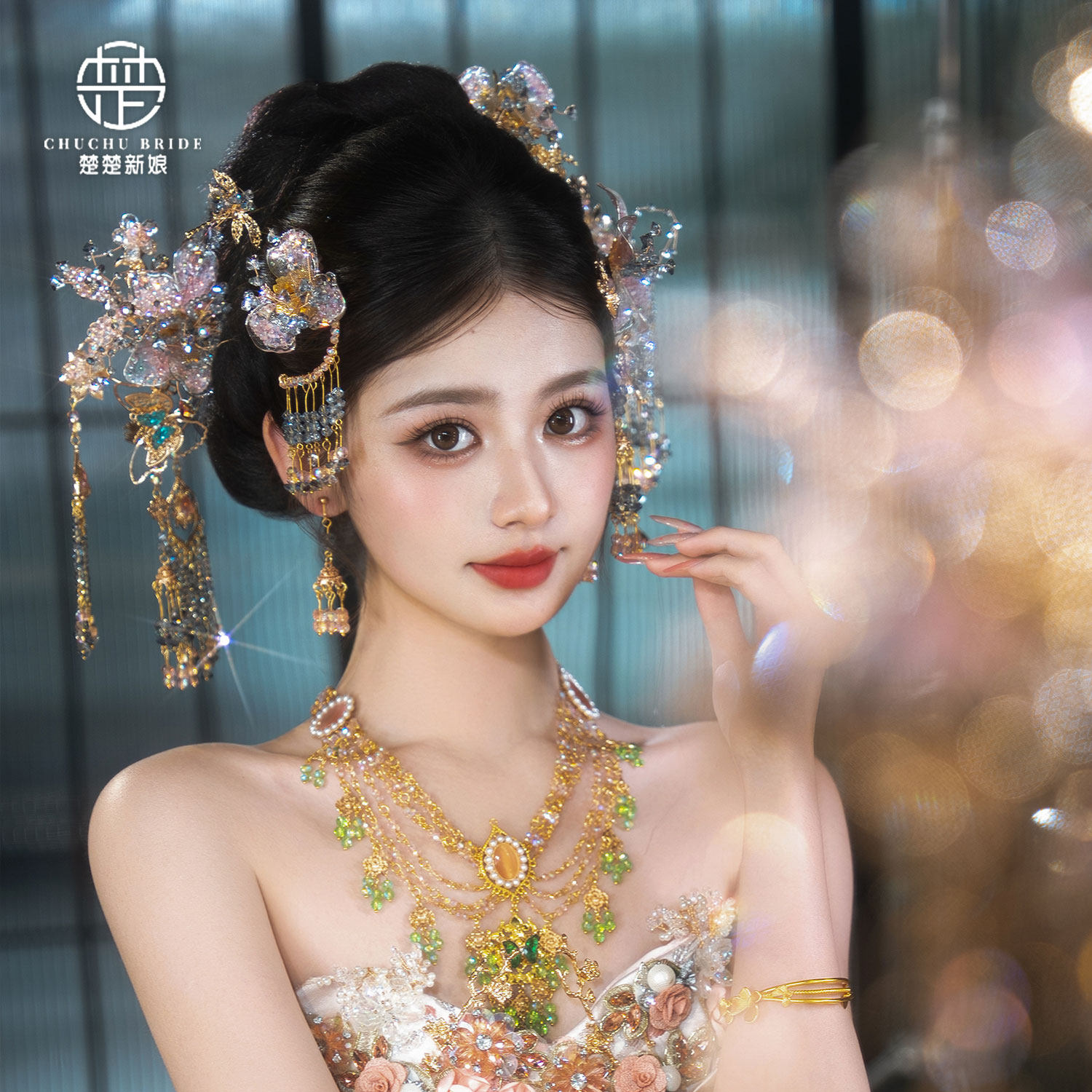 中式汉服新娘超仙减龄花朵发钗
