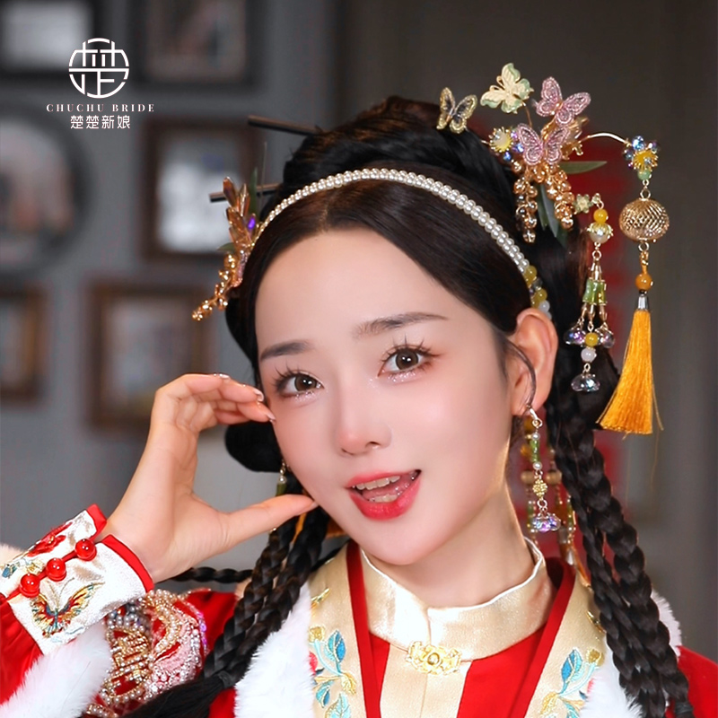 2025马面裙头饰高级结婚订婚喜服流苏发钗红色中式秀禾龙凤褂发饰