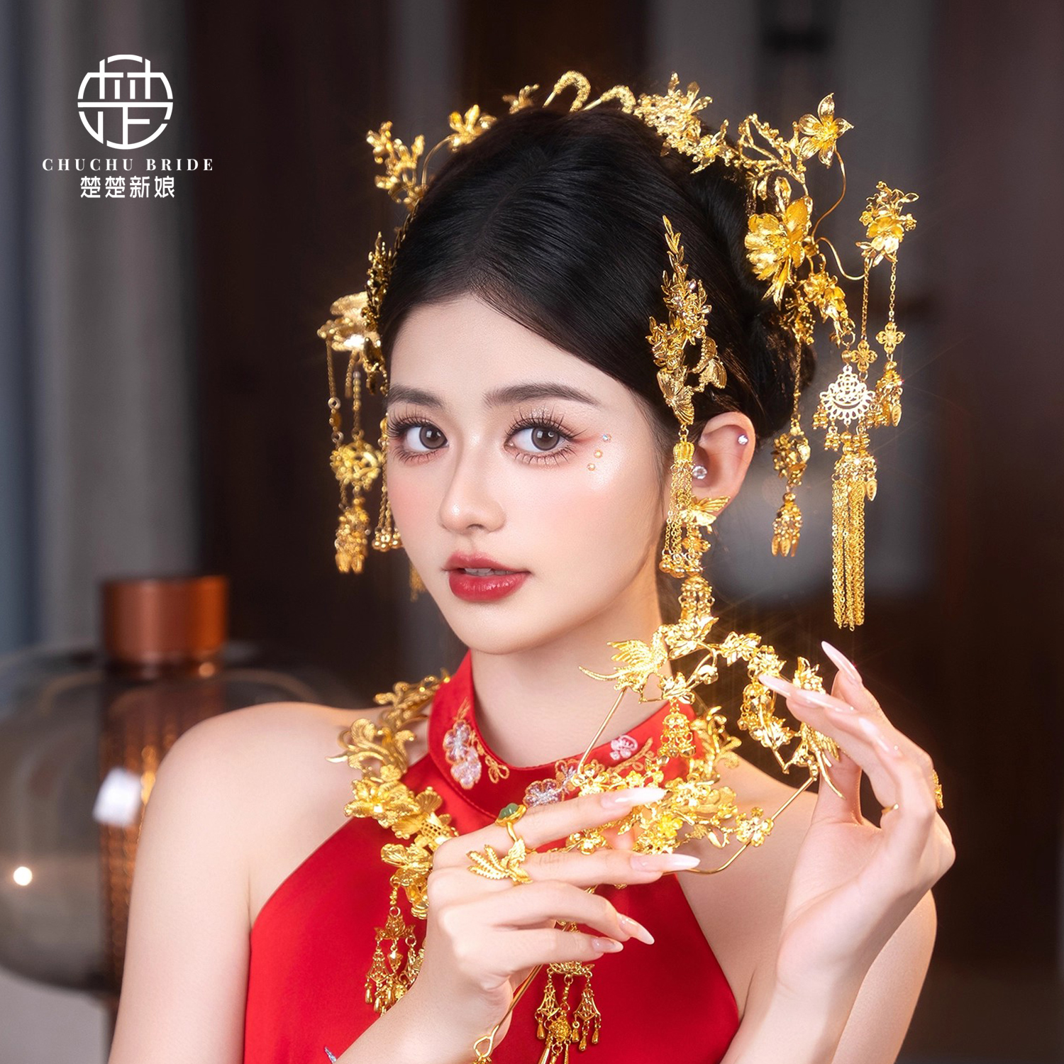 2025新款中式古风金色减龄古典秀禾服结婚发饰品新娘头饰配饰