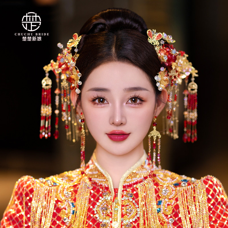 新娘秀禾头饰中式复古婚礼琉璃凤冠古装汉服头饰古典龙凤褂配饰品