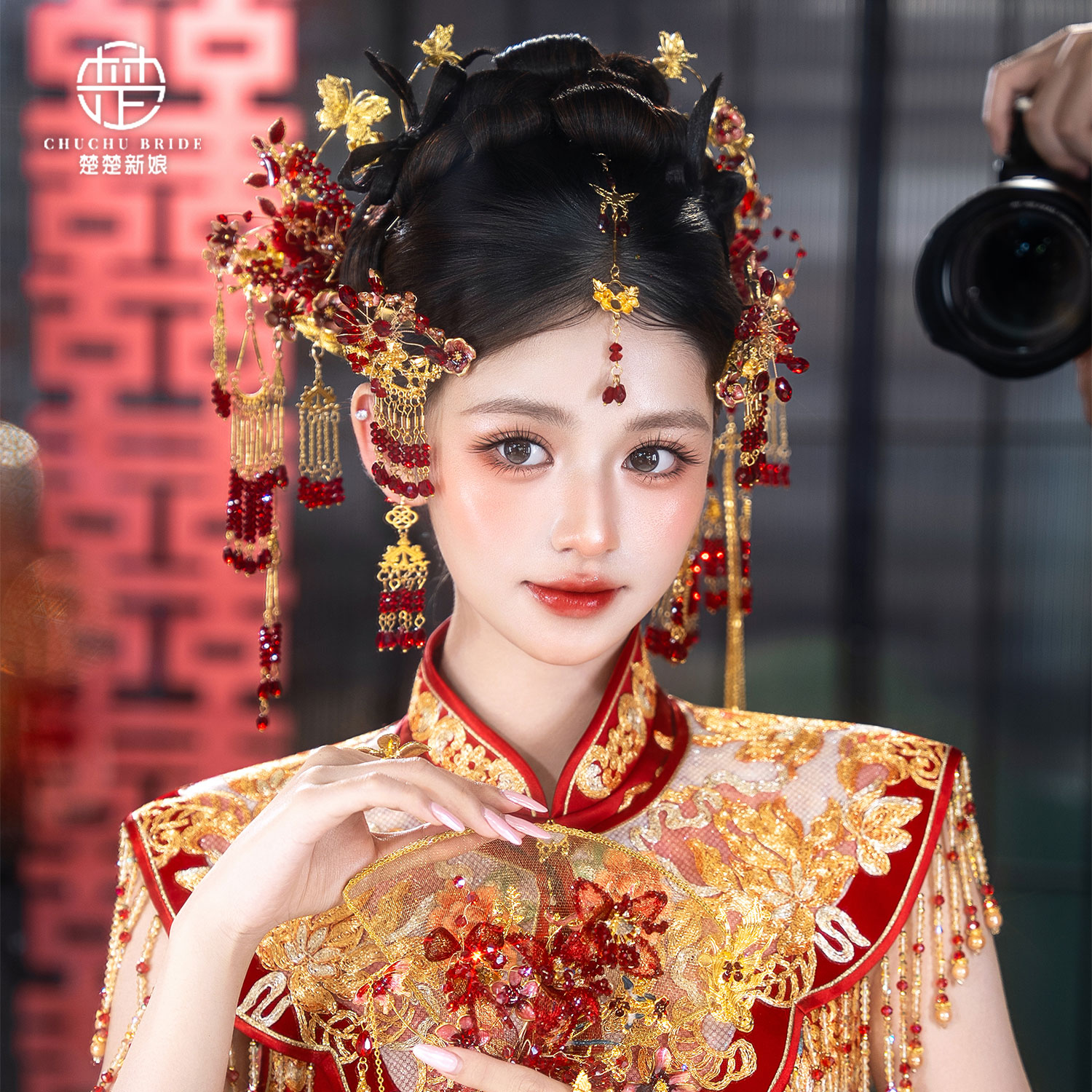 新中式金红色水晶发簪额饰蝴蝶发钗国风秀禾服旗袍款新娘发饰套装