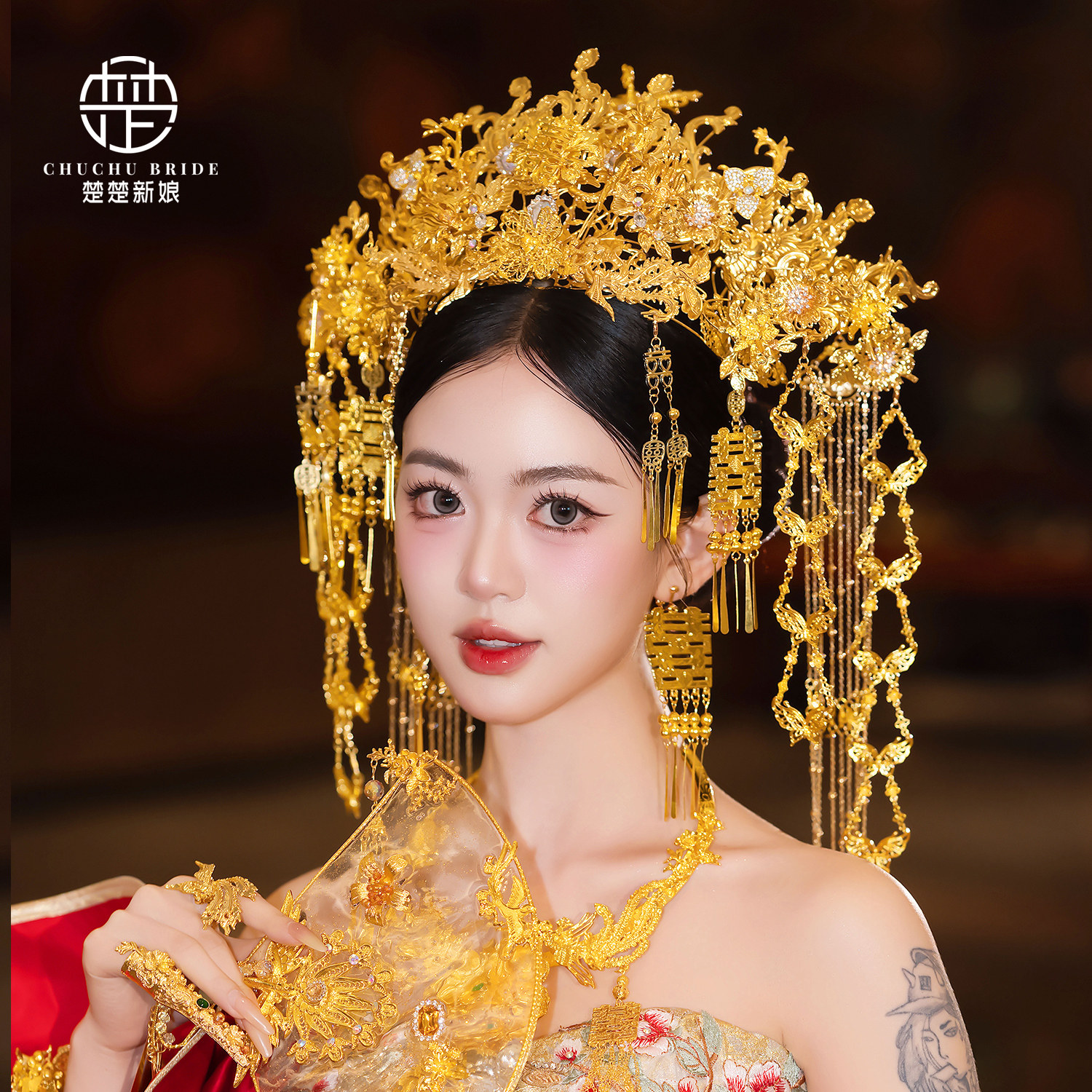 新款金色凤冠喜字流苏半冠中式婚礼龙凤褂后秀禾服配饰品汉服发冠