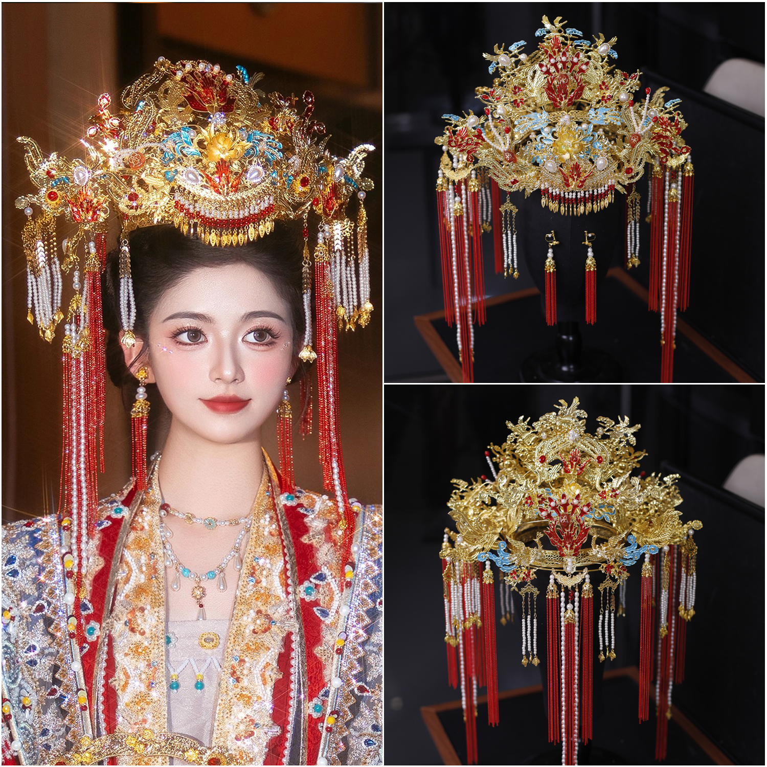 新款中式新娘大凤冠奢华汉服发饰发冠红金色凤冠霞帔古装头饰