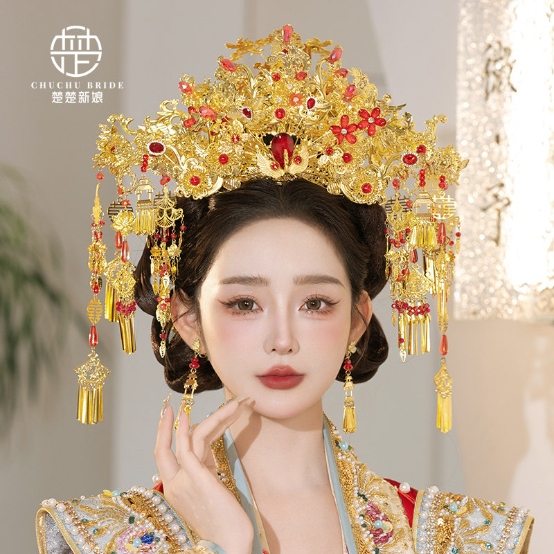 金色大凤冠古装新娘发饰中式婚礼红金色凤冠头饰汉服饰品龙凤褂后