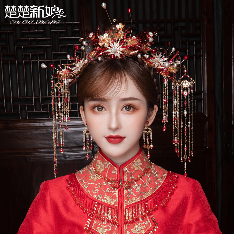秀禾头饰2020新款中式结婚新娘秀禾服发饰简约流苏霞帔秀和服配饰_虎窝淘