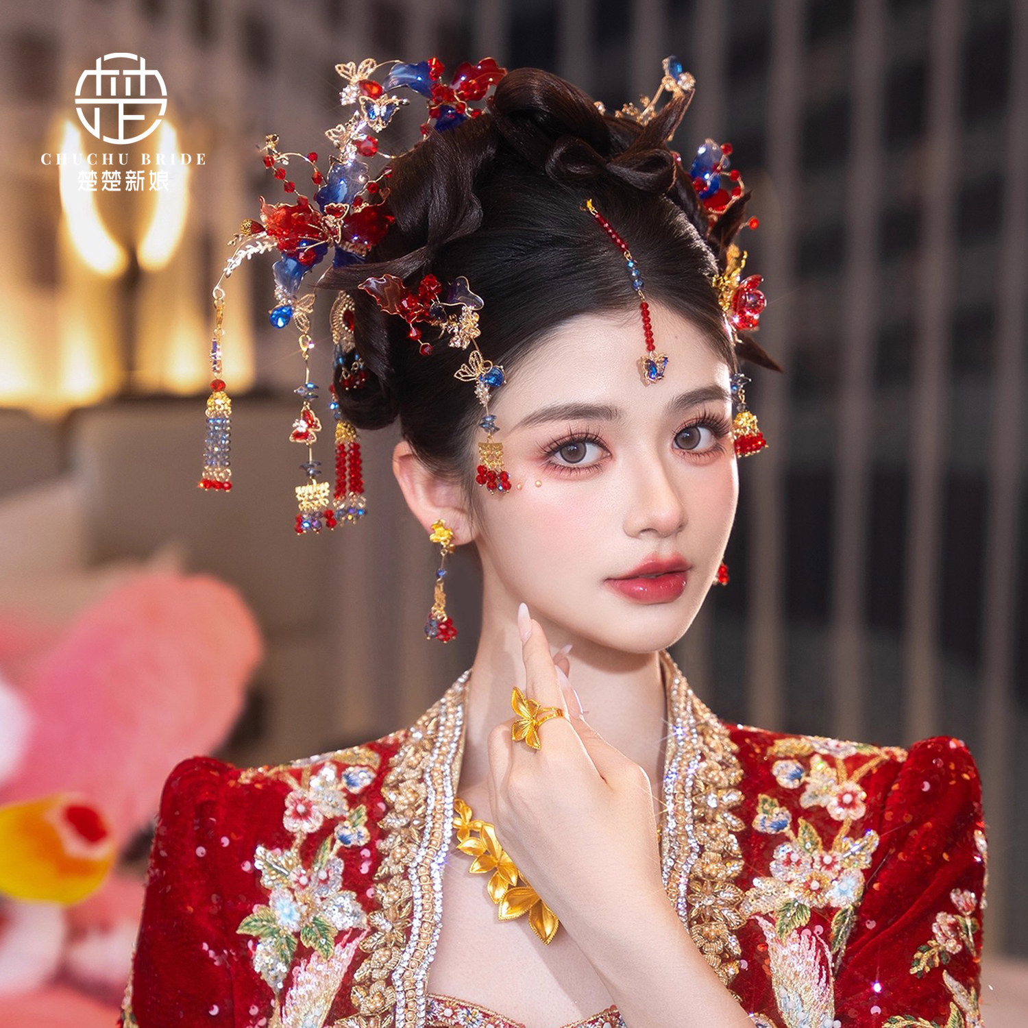 新中式秀禾头花龙凤褂汉服发饰新娘头饰简约气质红蓝步摇发簪耳夹