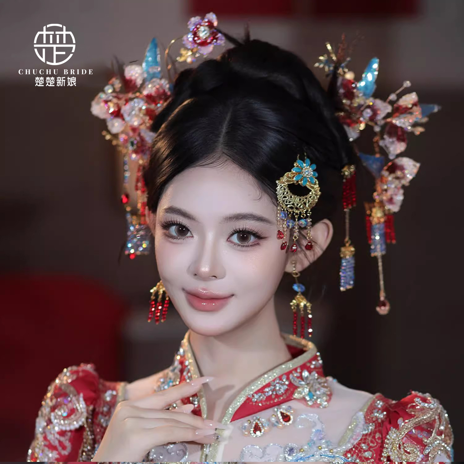 新款中式新娘秀禾服头饰减龄红蓝造液花古风汉服龙凤褂婚礼发饰