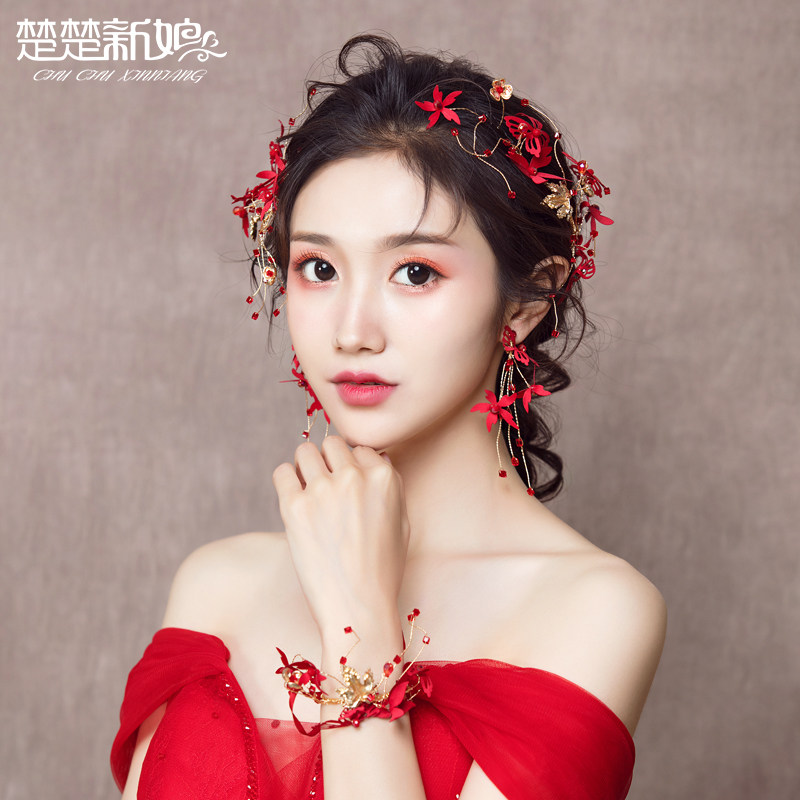 新娘头饰新款结婚红色婚纱礼服发饰手腕花敬酒服森系仙美配饰品_虎窝淘