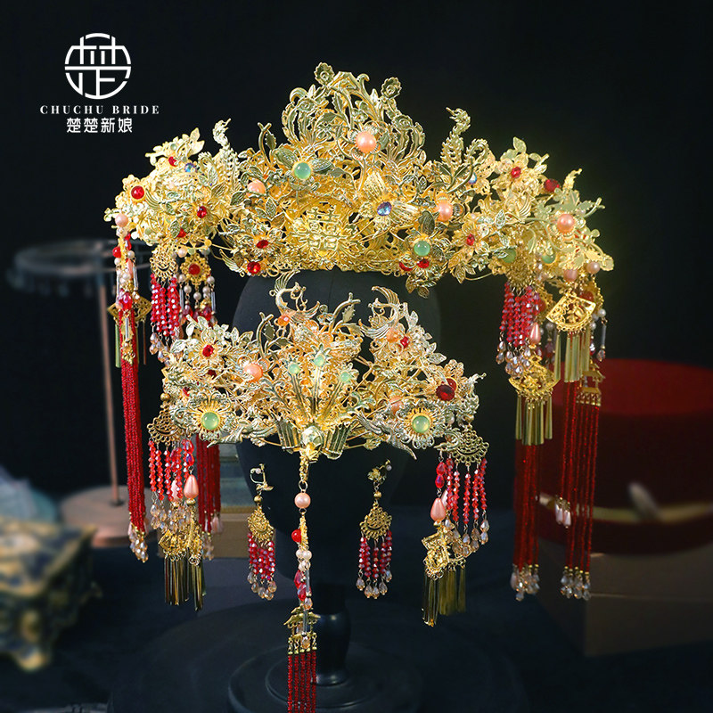 红金色新娘发饰奢华中式婚礼头饰汉服秀禾龙凤褂后金色大凤冠半冠