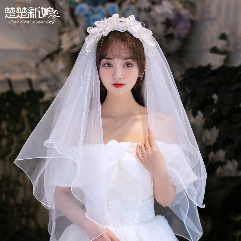 新款新娘文艺复古婚纱头纱蕾丝气质结婚拍照旅拍花朵唯美写真配饰