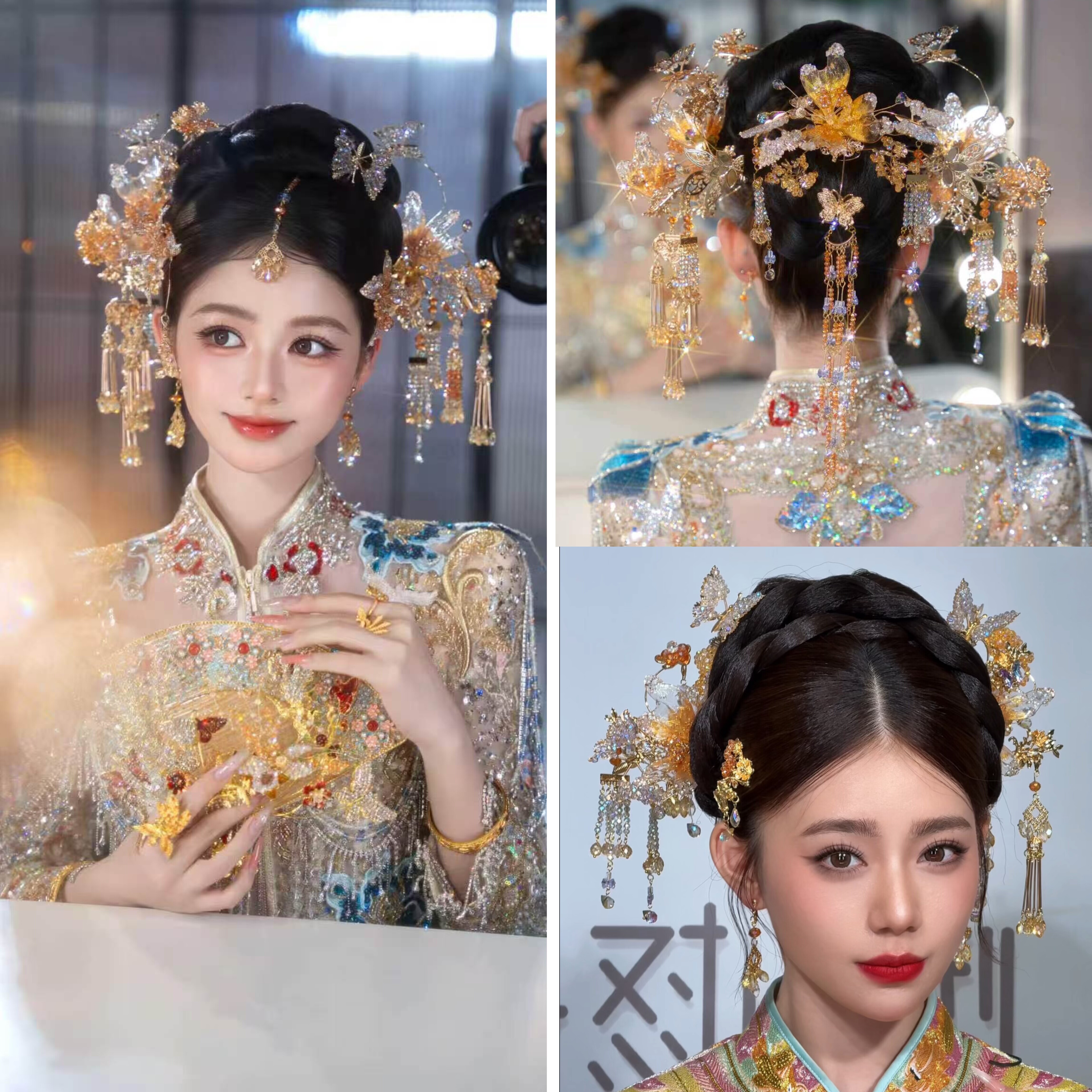 新中式龙凤褂新娘头饰金色蝴蝶龙凤褂花朵发簪古典秀禾服后区发饰