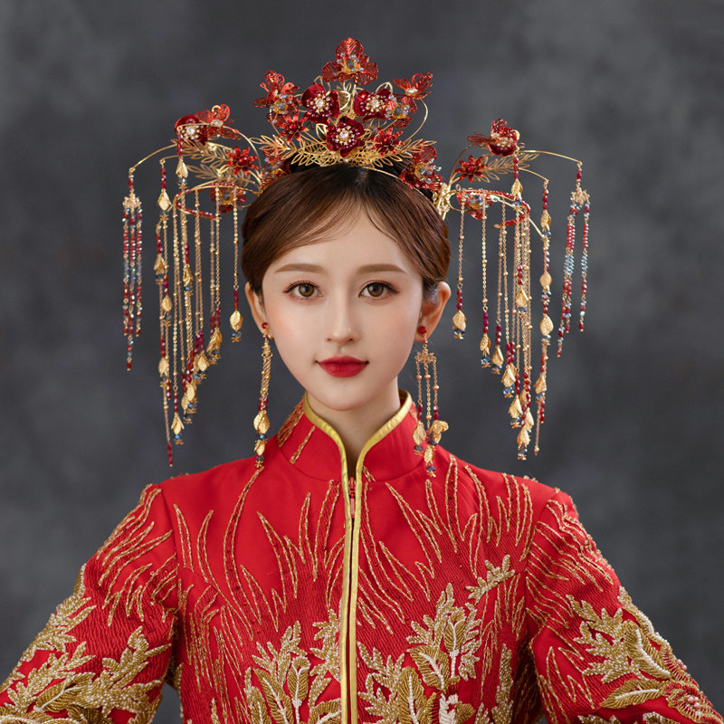 秀禾头饰新娘凤冠中式大气2020新款流苏金红色古装婚礼古风发饰