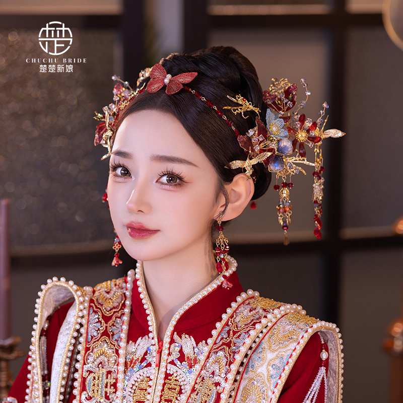 中式新娘水晶复古红色造液花发钗汉服头饰传统古装秀禾手工发饰品