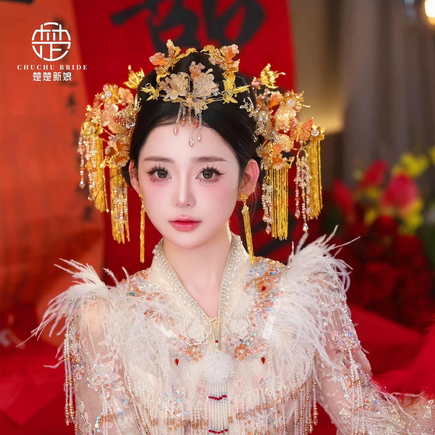中式金色秀禾发饰额饰发簪