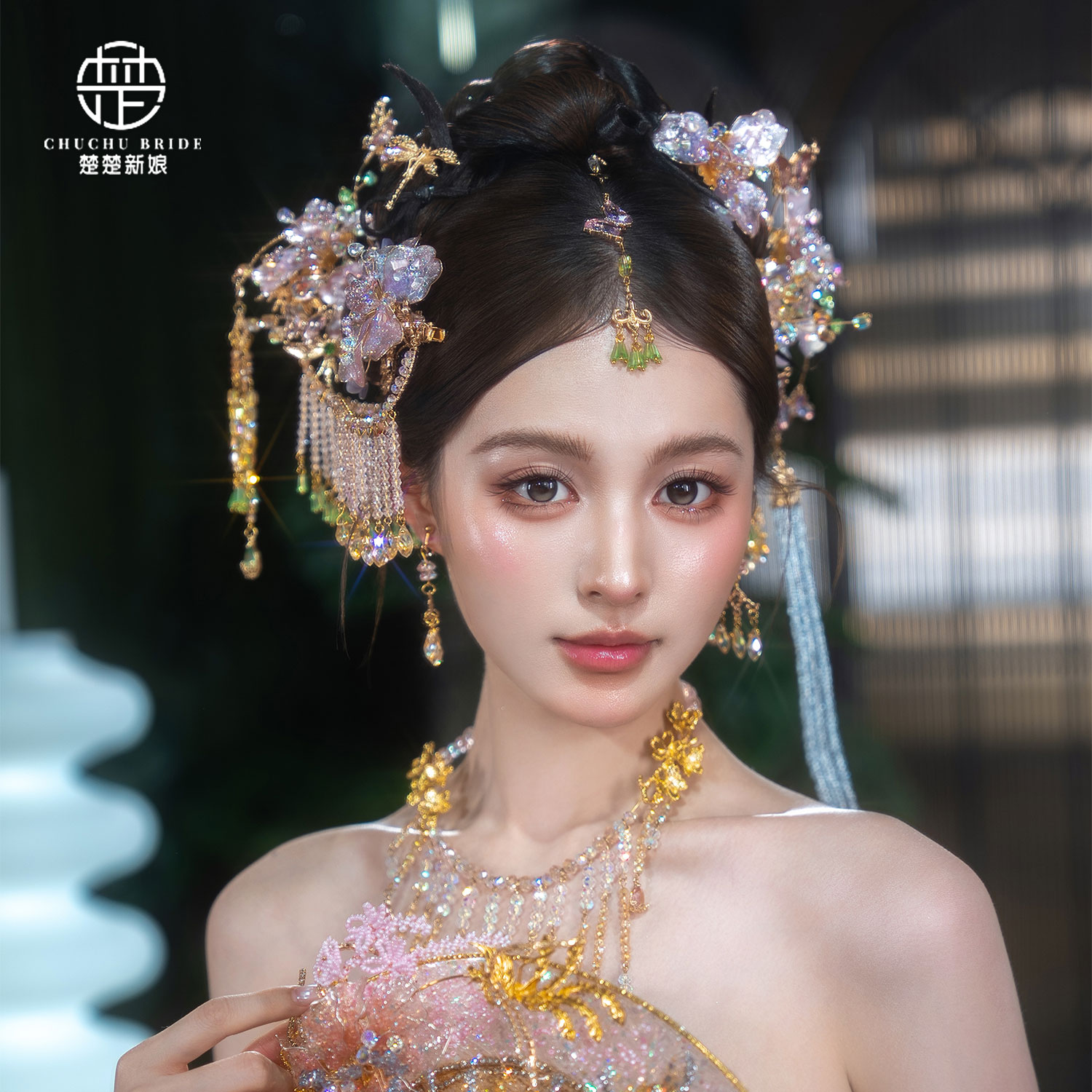 中式秀禾新娘紫色花钗婚礼头饰