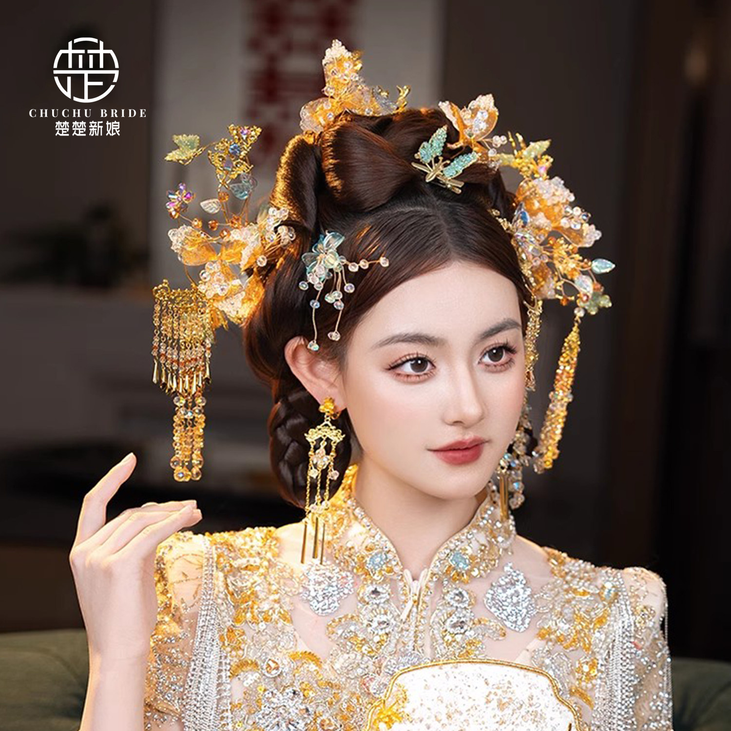 中式秀禾甜美造液花发簪新娘晨袍龙凤褂减龄古风浅金色唯美头饰