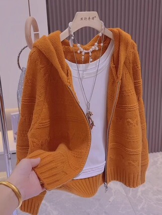 Lazy Style Hooded Thick Sweater Cardigan Jacket for Women 2026 Autumn and Winter Slimming K-Style Double Zipper Knitted Top