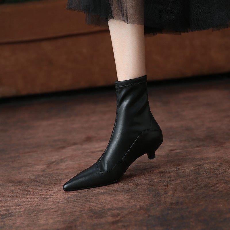 复古小跟短靴女尖头低跟春秋单靴柔软不累脚弹力靴百搭黑色瘦瘦靴,女鞋,时装靴,淘宝优惠券,粉丝福利购,淘宝优惠卷