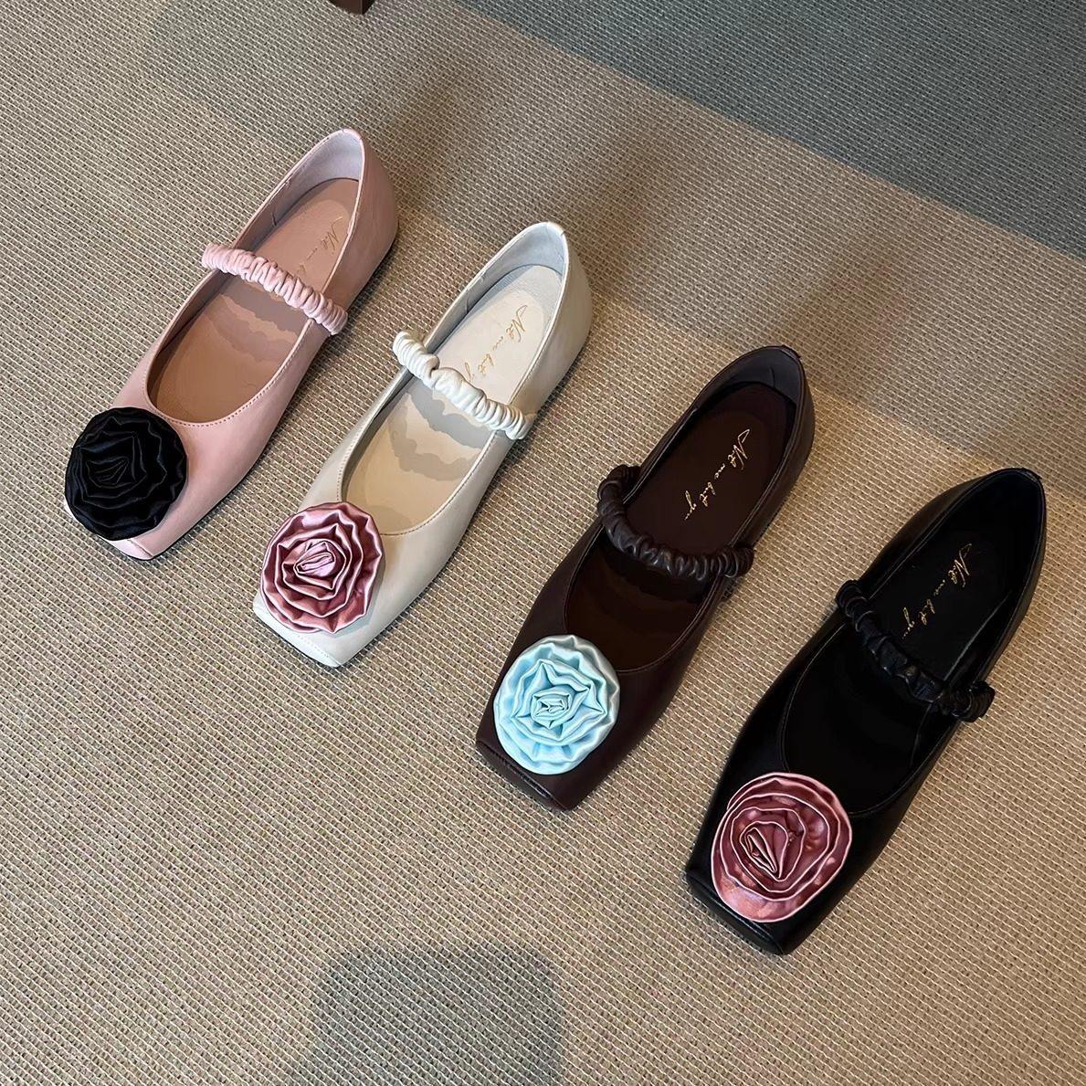 羊皮版~法式花朵文艺一字带玛丽珍春季新款浅口单鞋女平底晚晚鞋,女鞋,玛丽珍鞋,淘宝优惠券,粉丝福利购,淘宝优惠卷