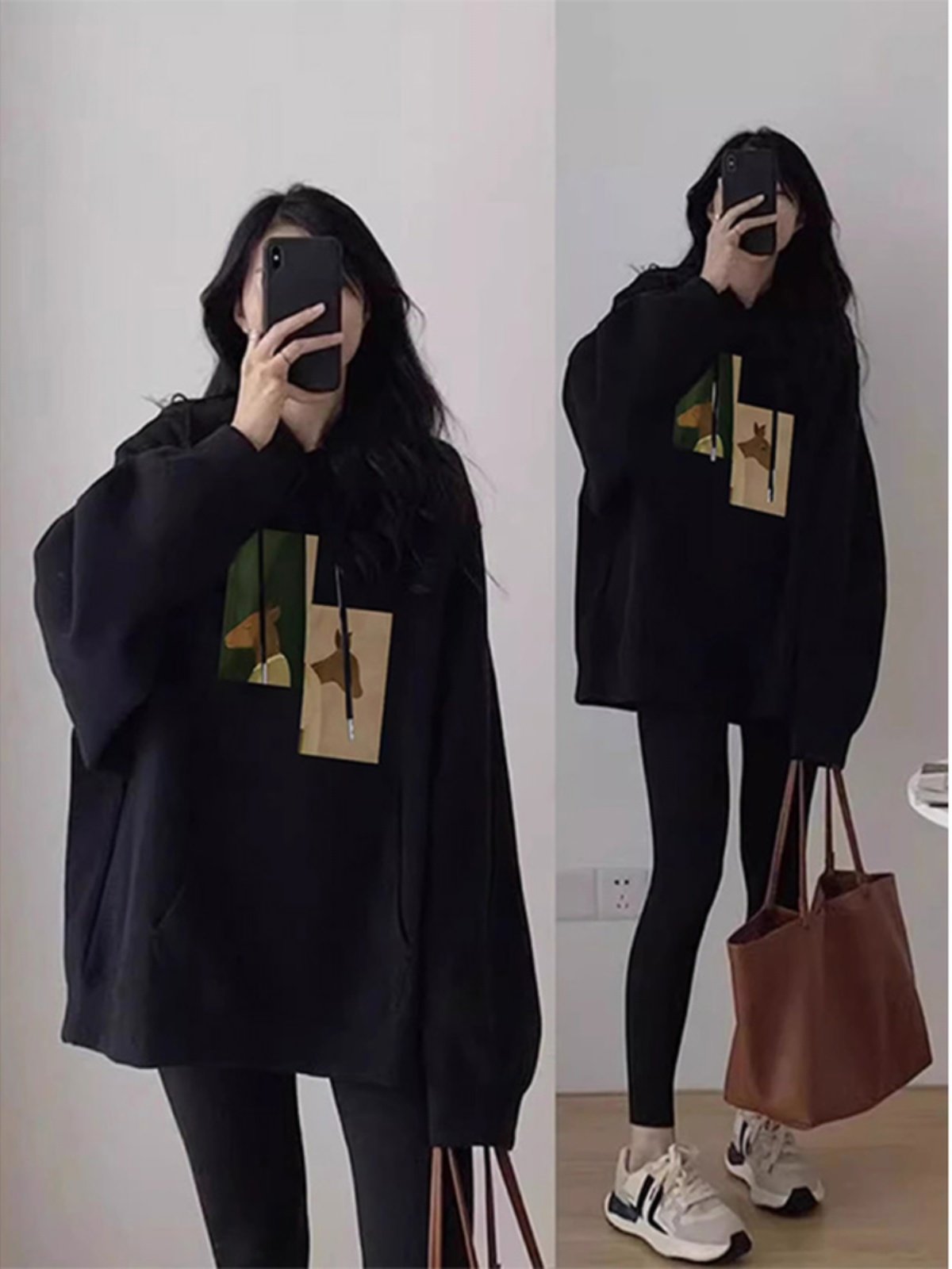 黑色纯棉连帽卫衣女款秋装2025新款加绒大码胖MM宽松显瘦套头上衣