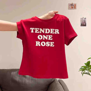 红色圆领正肩短袖 甜辣妹多巴胺上衣ins t恤女2025夏季 穿搭印花短款