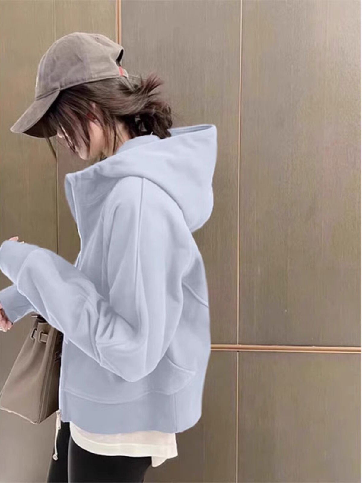 蓝色连帽卫衣女装2025新款爆款秋冬硫酸铜穿搭小个子短款加绒外套