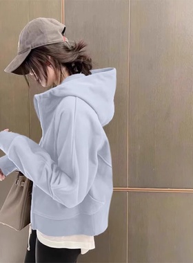 蓝色连帽卫衣女装2025新款爆款秋冬硫酸铜穿搭小个子短款加绒外套