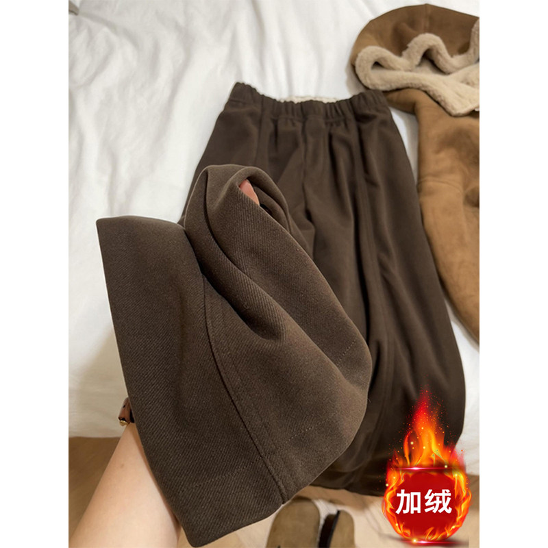 美拉德棕色毛呢阔腿裤女秋冬加绒加厚大码休闲卫裤今年流行梧桐裤