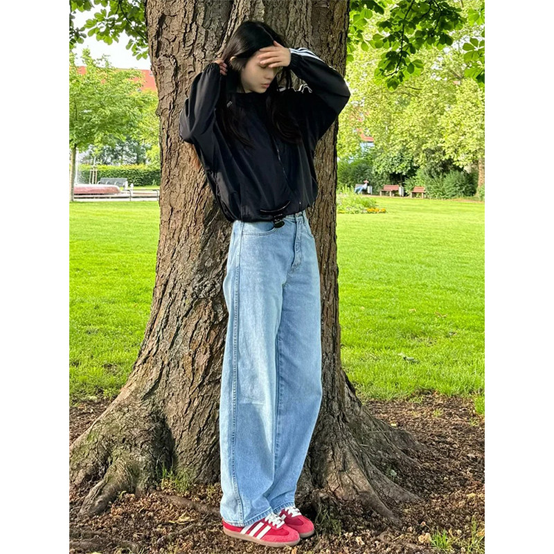 浅色阔腿牛仔裤女2025秋季新款高腰显示宽松小个子梨型身材直筒裤