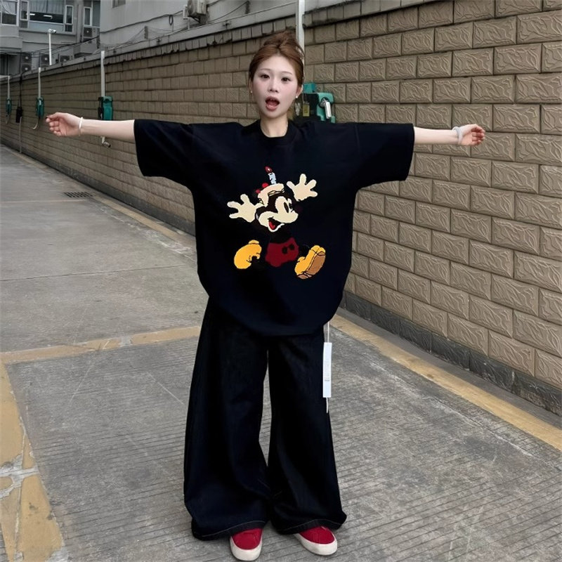 黑色卡通印花纯棉短袖T恤女2026新款美式半袖独特漂亮初夏上衣潮