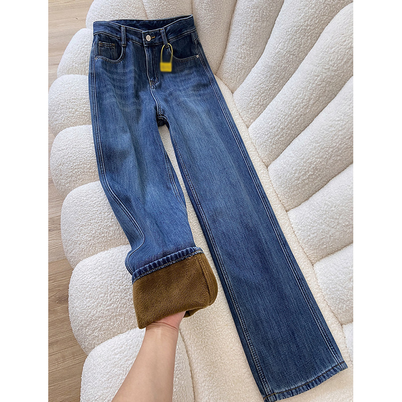 加绒复古蓝直筒牛仔裤女秋冬2025新款高腰显瘦加厚阔腿裤