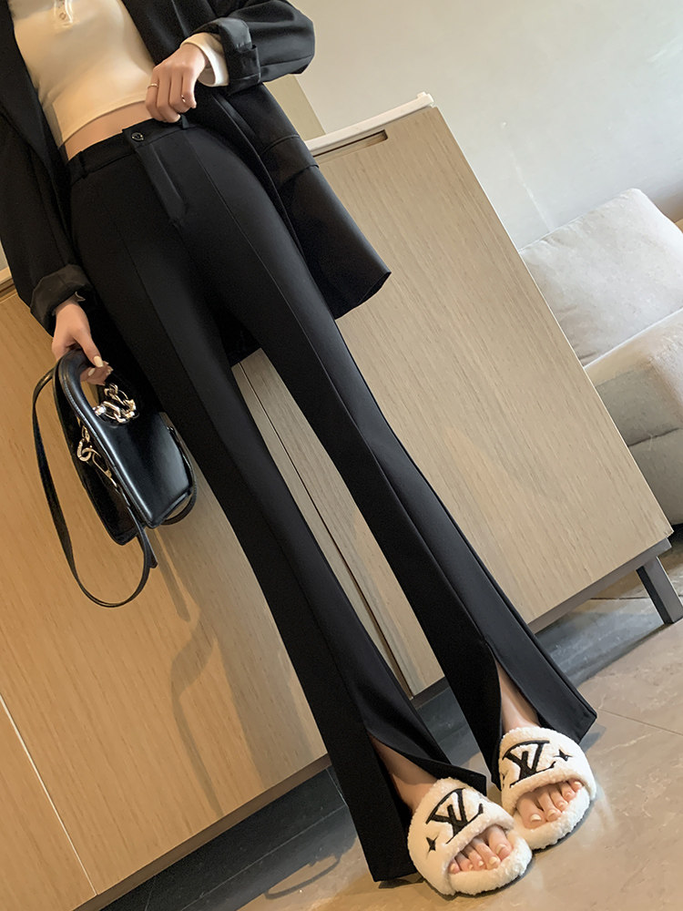 黑色微喇西装裤女夏2025新款高腰显瘦弹力开叉喇叭慵懒松弛感裤子,女装/女士精品,休闲裤,淘宝优惠券,粉丝福利购,淘宝优惠卷