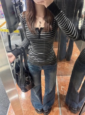 美式黑灰条纹领正肩长袖T恤秋冬季内搭打底衫修身辣妹上衣0115k