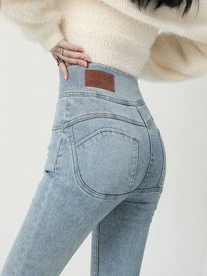 蜜桃臀牛仔裤女装2025春季新款高腰显瘦紧身小个子加绒小脚铅笔裤