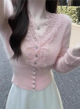 长袖t恤打底衫秋冬女粉色V领蕾丝针织衫2025修身短款内搭毛1125w