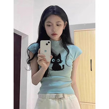 蓝色短款针织短袖T恤女夏日ootd穿搭辣妹紧身显瘦半高领短款上衣
