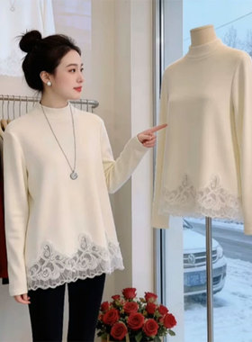 中长版白色蕾丝打底衫季内搭长袖T恤保暖配鲨鱼裤的上衣0115k