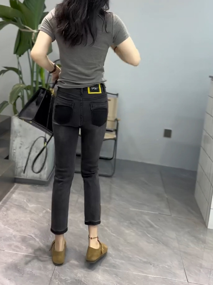 烟管牛仔裤女夏季薄款高腰弹力紧身显瘦梨型身材大码九分铅笔裤子