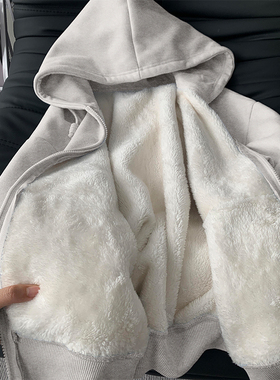 加绒加厚白灰色连帽卫衣外套女2025秋冬新款小个子中长款保暖上衣