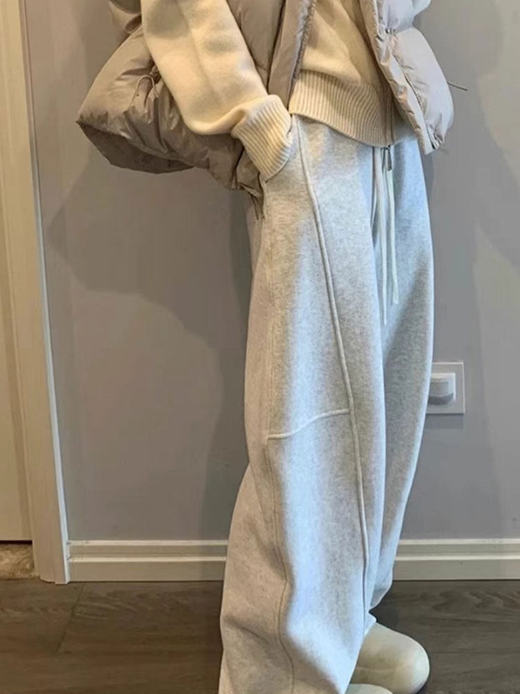 灰色美式运动裤女春秋2025秋冬新款韩版直筒拼接香蕉加绒阔腿裤子