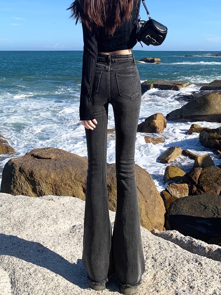 微喇牛仔裤女2024年秋冬新款高腰弹力修身显瘦毛边加长拖地喇叭裤
