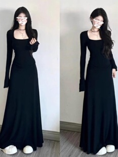 法式赫本风黑色长袖连衣裙女秋装2025新款气质修身御姐包臀长裙子