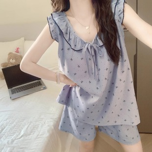 蝴蝶结背心短裤 睡衣女夏季 2025新款 带胸垫V领休闲甜美家居服套装