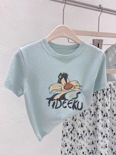 T恤女2024新款 薄款 湖蓝色冰丝短袖 夏季 上衣 小个子软糯短款 针织衫