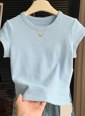 蓝色肌理感正肩短袖T恤女2025夏季穿搭简约修身百搭圆领体恤上衣